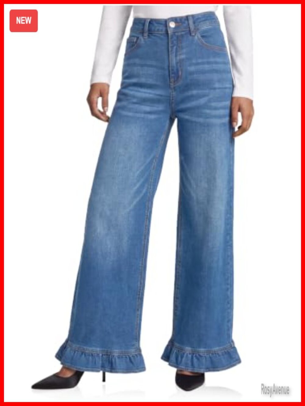 Womens Ruffle Wide Leg Jeans High Waisted Stretch Denim Baggy Pants